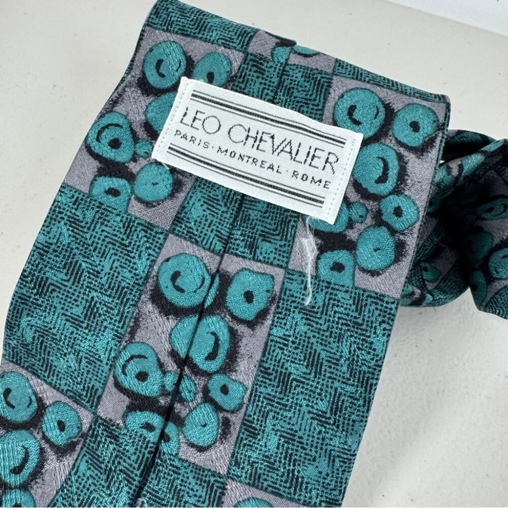 LEO Chevalier Silk Tie Teal Geometric Pattern Made in Canada Career Office Wear